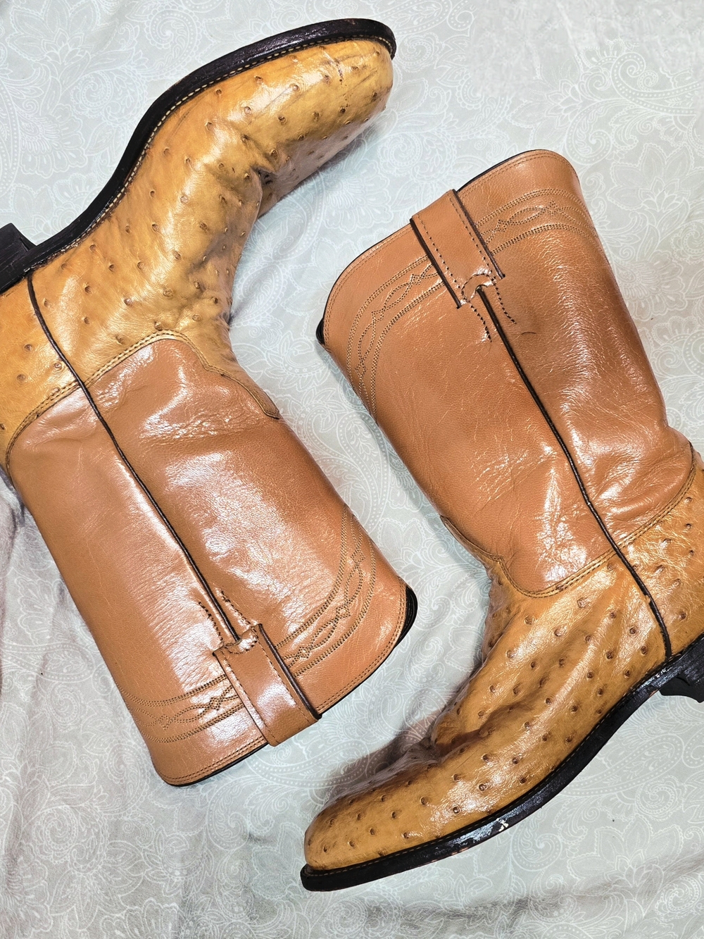Justin Women's Full Quill Ostrich Roper Boots Cognac Tan Leather Size 9.5B L318